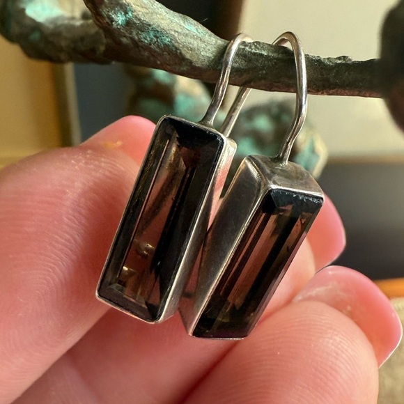Vintage smoked quartz earrings 925 silver rectangular stone - Picture 1 of 13